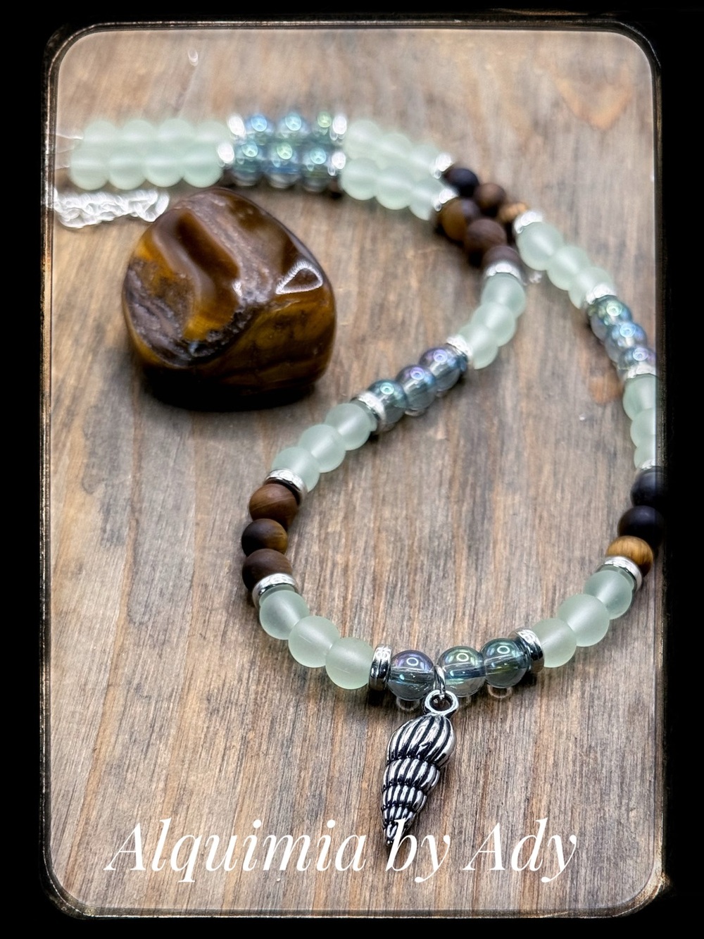 SURFER Tiger’s eye and shell charm necklace + GLASS